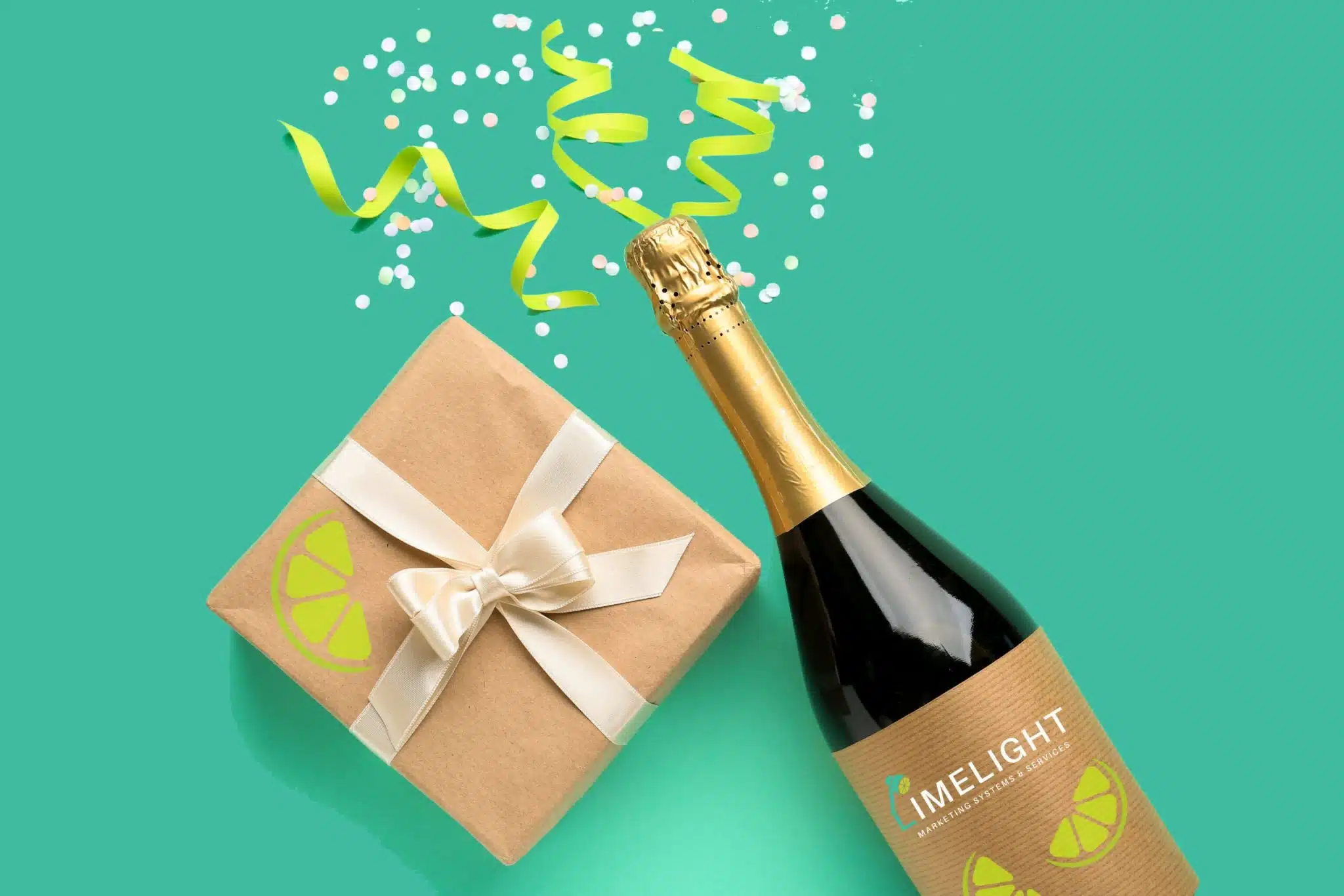 Composition with bottle of champagne, gift box, serpentine and s
