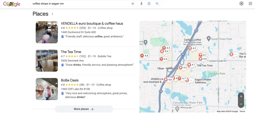 screenshot of a SERP for coffee shops in eagan mn