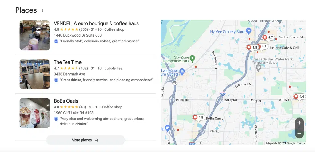Screenshot of a local pack on a google SERP for coffee shops in eagan mn