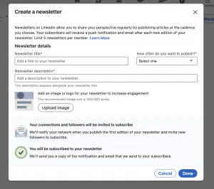 screenshot of what details you need to create a linkedin newsletter