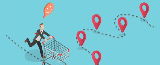 Graphic of a man with a shopping cart running through a specific sequence