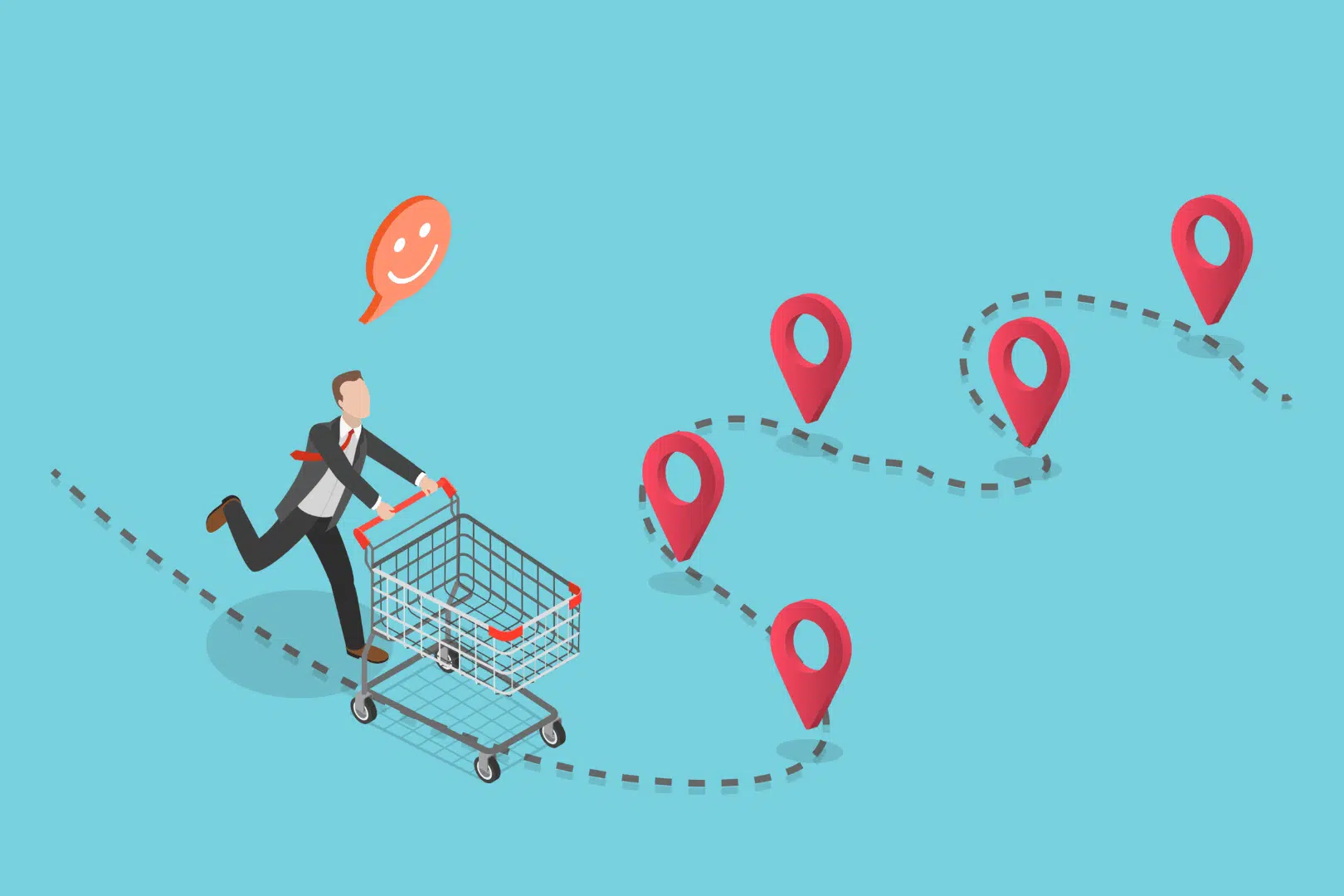 Graphic of a man with a shopping cart running through a specific sequence