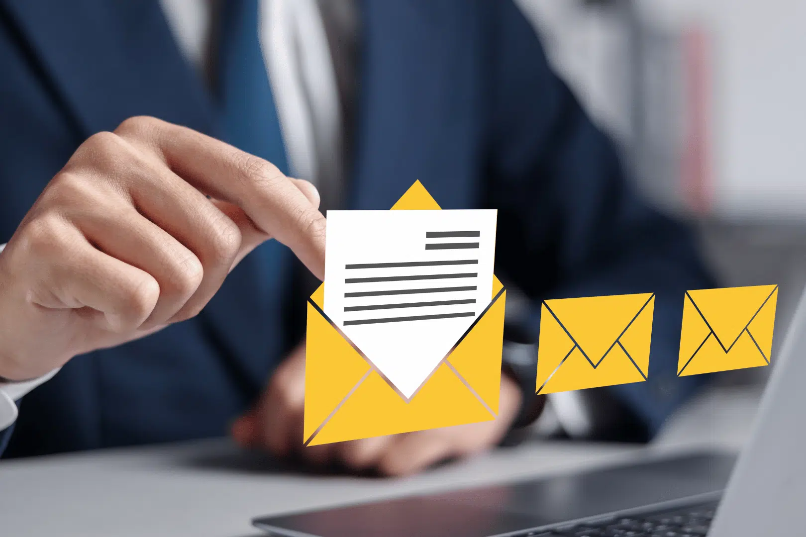 A man in a suit virtually opening one email in a line of unopened envelopes