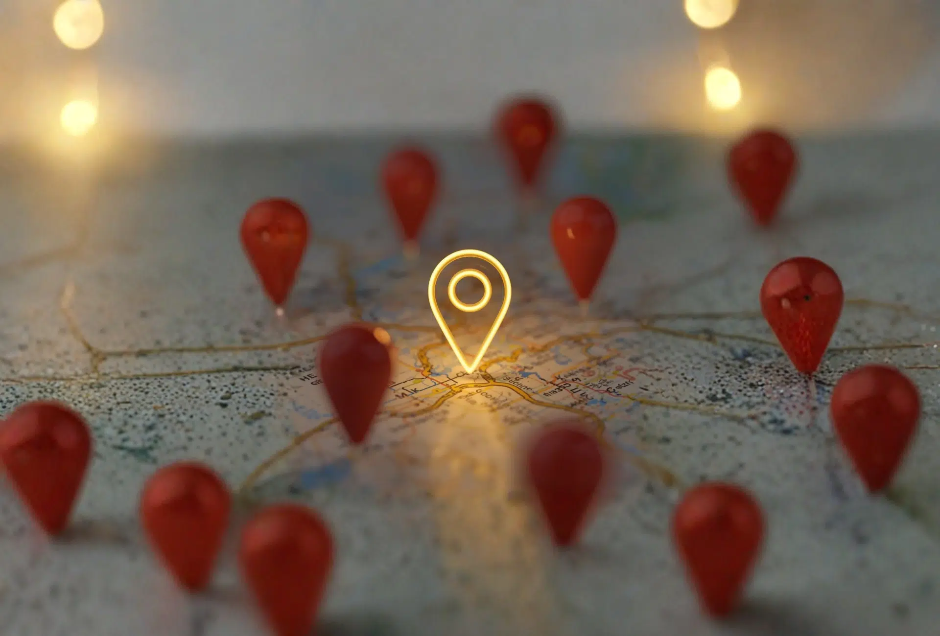 A map pin planted firmly in the ground, but it’s glowing gold. Around it, other standard red pins are fading into the background