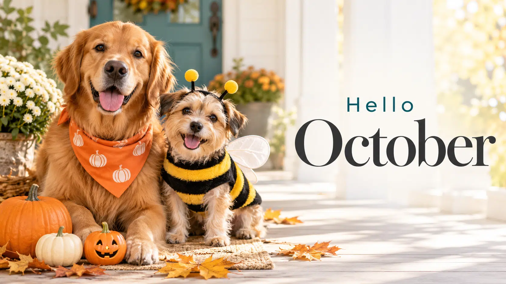 Happy Porch Pups Welcome October A cute Halloween touch with costumed dogs, pumpkins, and teal accents